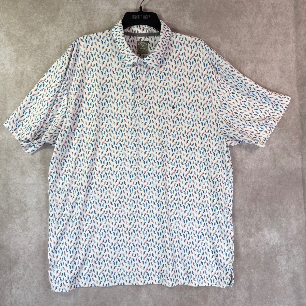 Callaway Polo Shirt Mens XL White Bird AOP Opti-Dri Tropical Parrot Short Sleeve